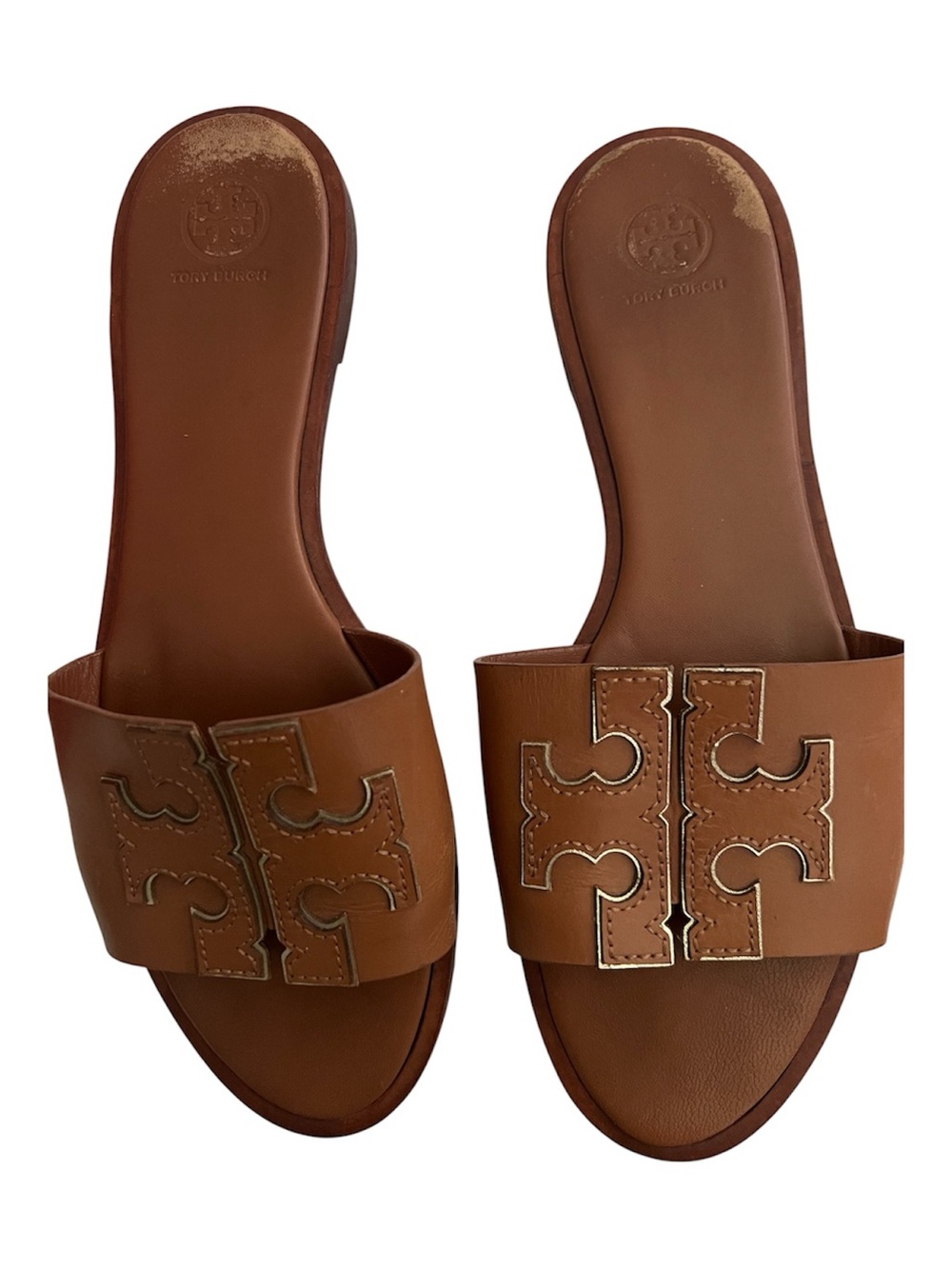 Tory Burch Cognac Leather Logo Slide Sandals